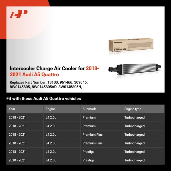 Intercooler Charge Air Cooler for 2018-2021 Audi A5 Quattro
