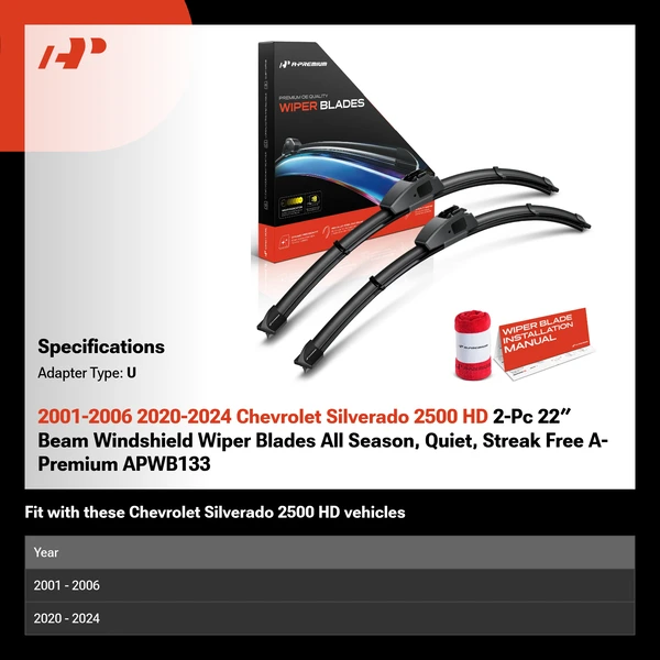 2001-2006 2020-2024 Chevrolet Silverado 2500 HD 2-Pc 22″ Beam Windshield Wiper Blades All Season, Quiet, Streak Free A-Premium APWB133