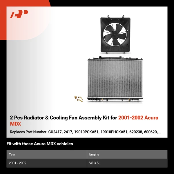 2 Pcs Radiator & Cooling Fan Assembly Kit for 2001-2002 Acura MDX