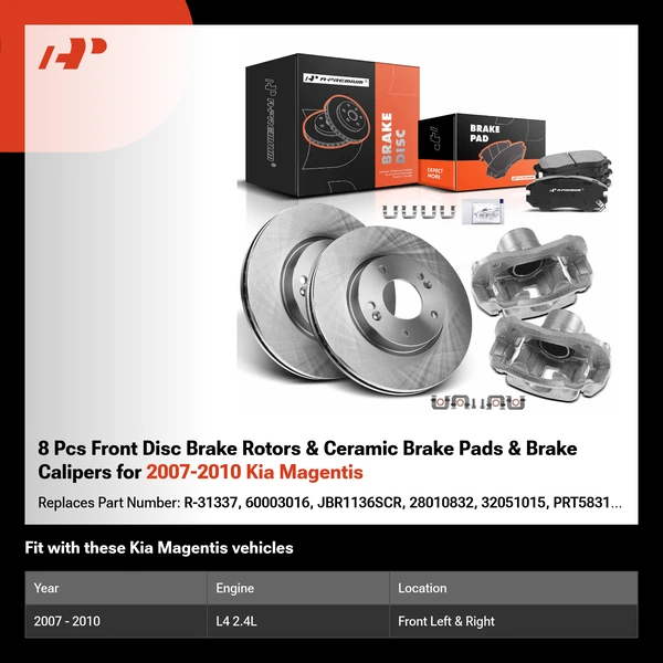 8 Pcs Front Disc Brake Rotors & Ceramic Brake Pads & Brake Calipers for 2007-2010 Kia Magentis