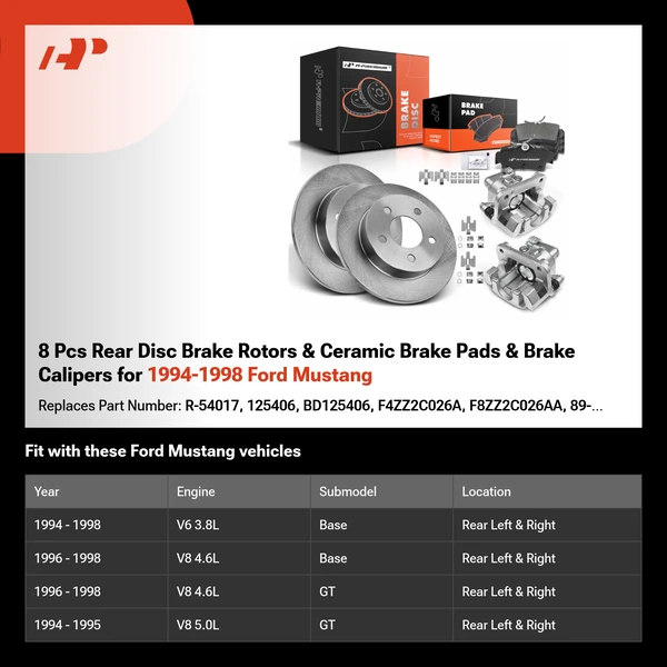 8 Pcs Rear Disc Brake Rotors & Ceramic Brake Pads & Brake Calipers for 1994-1998 Ford Mustang