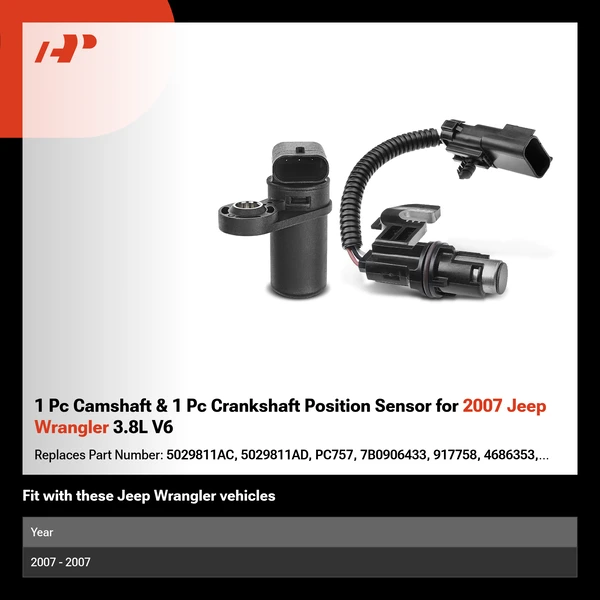 1 Pc Camshaft & 1 Pc Crankshaft Position Sensor for 2007 Jeep Wrangler 3.8L V6