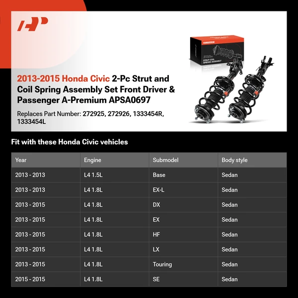 2013-2015 Honda Civic 2-Pc Strut and Coil Spring Assembly Set Front Driver & Passenger A-Premium APSA0697