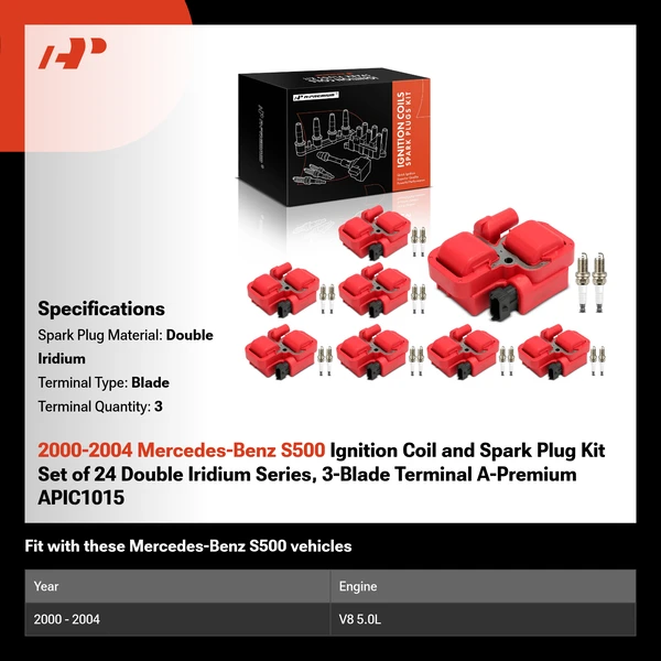 2000-2004 Mercedes-Benz S500 Ignition Coil and Spark Plug Kit Set of 24 Double Iridium Series, 3-Blade Terminal A-Premium APIC1015
