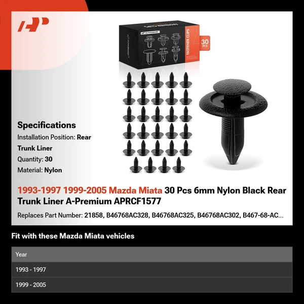 1993-1997 1999-2005 Mazda Miata 30 Pcs 6mm Nylon Black Rear Trunk Liner A-Premium APRCF1577
