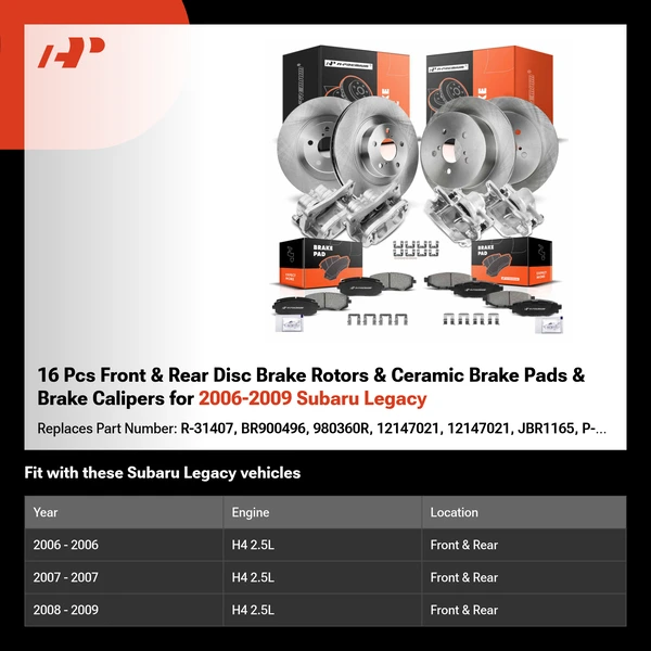 16 Pcs Front & Rear Disc Brake Rotors & Ceramic Brake Pads & Brake Calipers for 2006-2009 Subaru Legacy