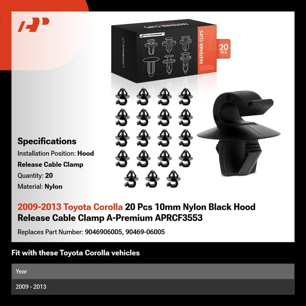 2009-2013 Toyota Corolla 20 Pcs 10mm Nylon Black Hood Release Cable Clamp A-Premium APRCF3553