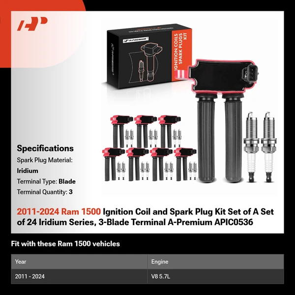 2011-2024 Ram 1500 Ignition Coil and Spark Plug Kit Set of A Set of 24 Iridium Series, 3-Blade Terminal A-Premium APIC0536