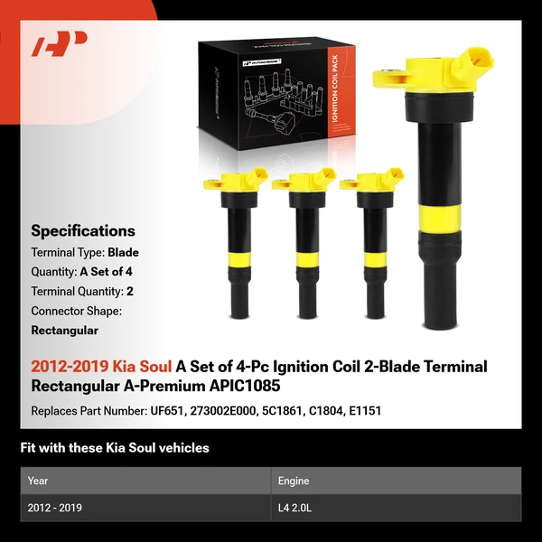 2012-2019 Kia Soul A Set of 4-Pc Ignition Coil 2-Blade Terminal Rectangular A-Premium APIC1085