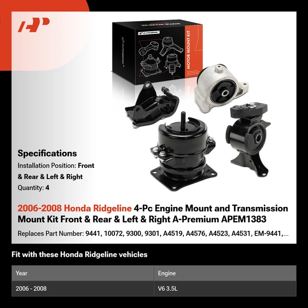 2006-2008 Honda Ridgeline 4-Pc Engine Mount and Transmission Mount Kit Front & Rear & Left & Right A-Premium APEM1383