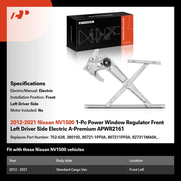 2012-2021 Nissan NV1500 1-Pc Power Window Regulator Front Left Driver Side Electric A-Premium APWR2161