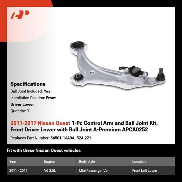 2011-2017 Nissan Quest 1-Pc Control Arm and Ball Joint Kit, Front Driver Lower with Ball Joint A-Premium APCA0252