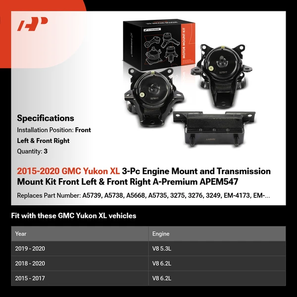 2015-2020 GMC Yukon XL 3-Pc Engine Mount and Transmission Mount Kit Front Left & Front Right A-Premium APEM547