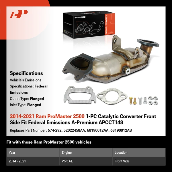 2014-2021 Ram ProMaster 2500 1-PC Catalytic Converter Front Side Fit Federal Emissions A-Premium APCCT148