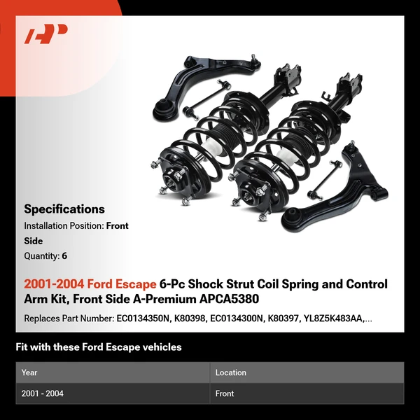 2001-2004 Ford Escape 6-Pc Shock Strut Coil Spring and Control Arm Kit, Front Side A-Premium APCA5380