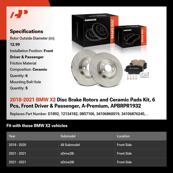 2018-2021 BMW X2 Disc Brake Rotors and Ceramic Pads Kit, 6 Pcs, Front Driver & Passenger, A-Premium, APBRPR1932
