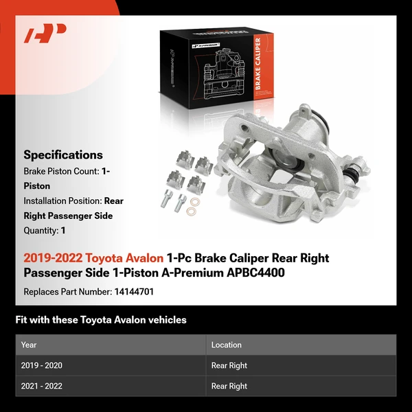 2019-2022 Toyota Avalon 1-Pc Brake Caliper Rear Right Passenger Side 1-Piston A-Premium APBC4400