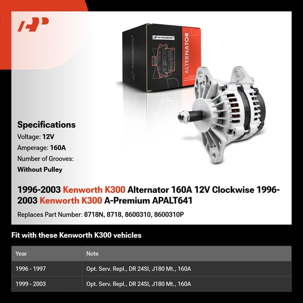1996-2003 Kenworth K300 Alternator 160A 12V Clockwise 1996-2003 Kenworth K300 A-Premium APALT641