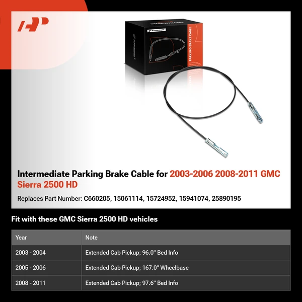 Intermediate Parking Brake Cable for 2003-2006 2008-2011 GMC Sierra 2500 HD