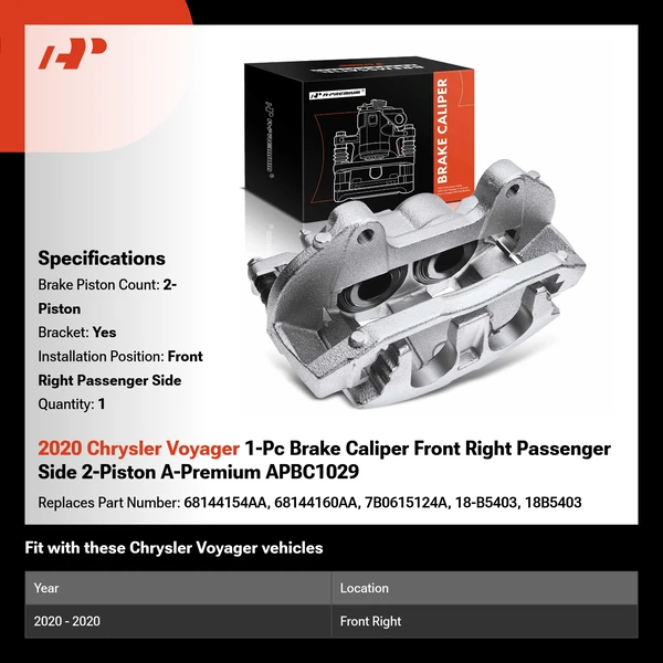 2020 Chrysler Voyager 1-Pc Brake Caliper Front Right Passenger Side 2-Piston A-Premium APBC1029