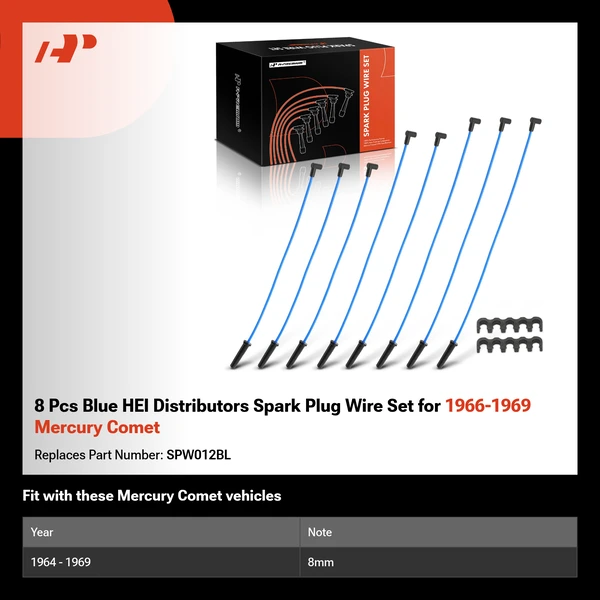 8 Pcs Blue HEI Distributors Spark Plug Wire Set for 1966-1969 Mercury Comet