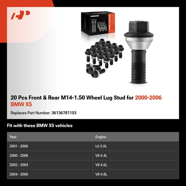 20 Pcs Front & Rear M14-1.50 Wheel Lug Stud for 2000-2006 BMW X5