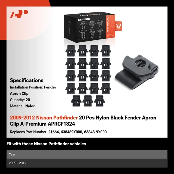 2009-2012 Nissan Pathfinder 20 Pcs Nylon Black Fender Apron Clip A-Premium APRCF1324