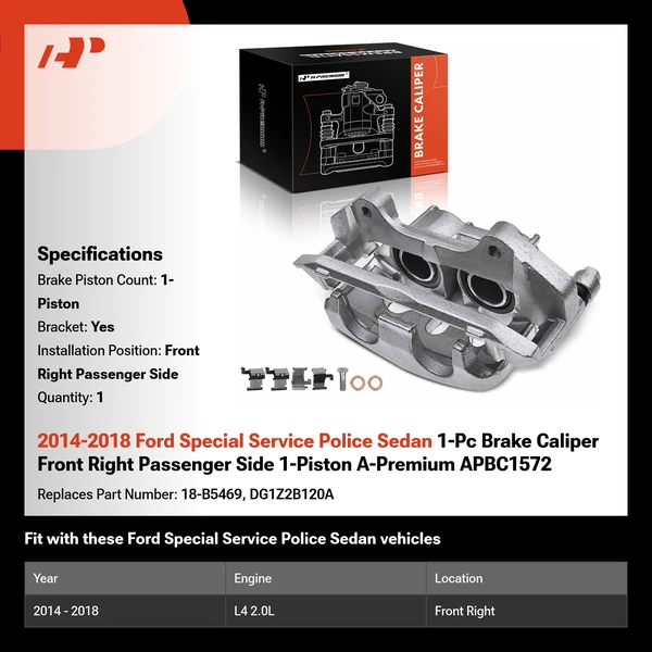 2014-2018 Ford Special Service Police Sedan 1-Pc Brake Caliper Front Right Passenger Side 1-Piston A-Premium APBC1572