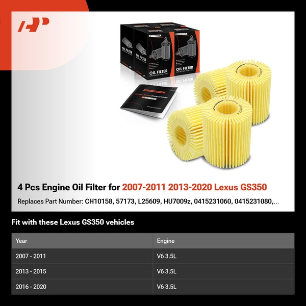 4 Pcs Engine Oil Filter for 2007-2011 2013-2020 Lexus GS350