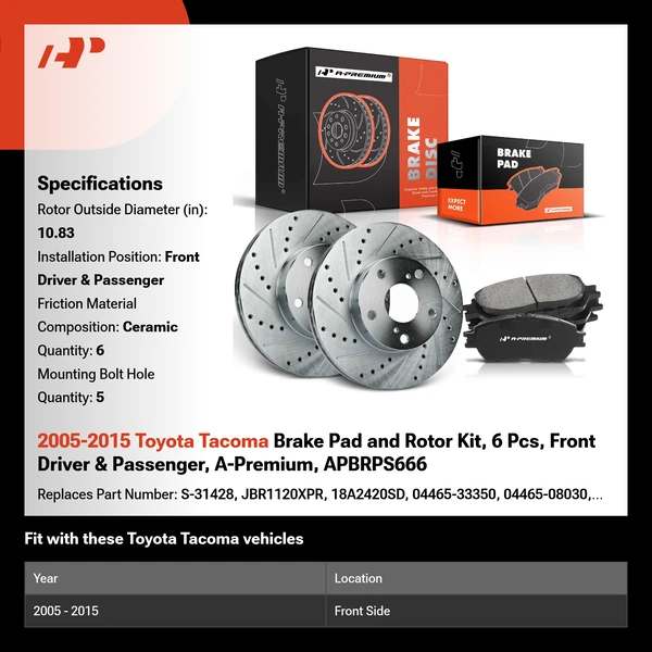 2005-2015 Toyota Tacoma Brake Pad and Rotor Kit, 6 Pcs, Front Driver & Passenger, A-Premium, APBRPS666