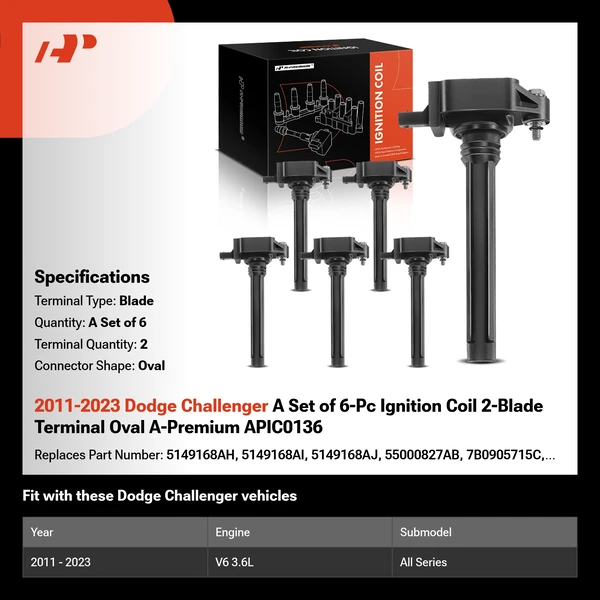 2011-2023 Dodge Challenger A Set of 6-Pc Ignition Coil 2-Blade Terminal Oval A-Premium APIC0136