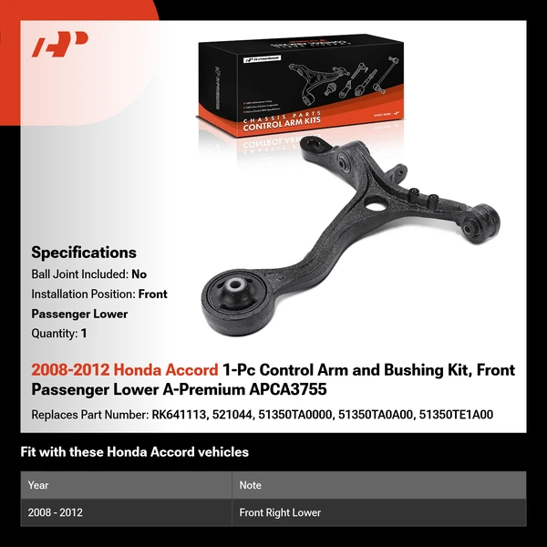2008-2012 Honda Accord 1-Pc Control Arm and Bushing Kit, Front Passenger Lower A-Premium APCA3755