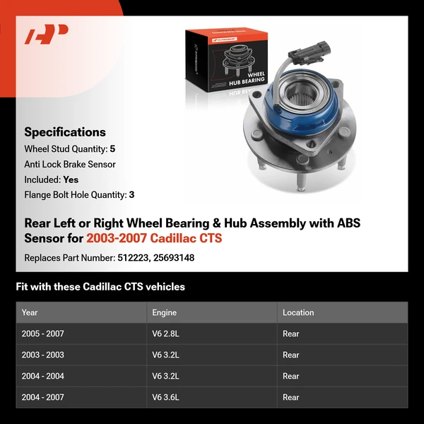 Rear Left or Right Wheel Bearing & Hub Assembly with ABS Sensor for 2003-2007 Cadillac CTS