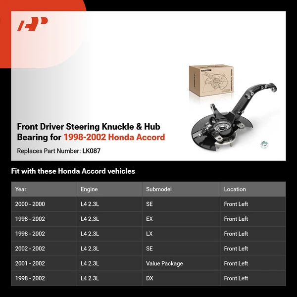 Front Driver Steering Knuckle & Hub Bearing for 1998-2002 Honda Accord