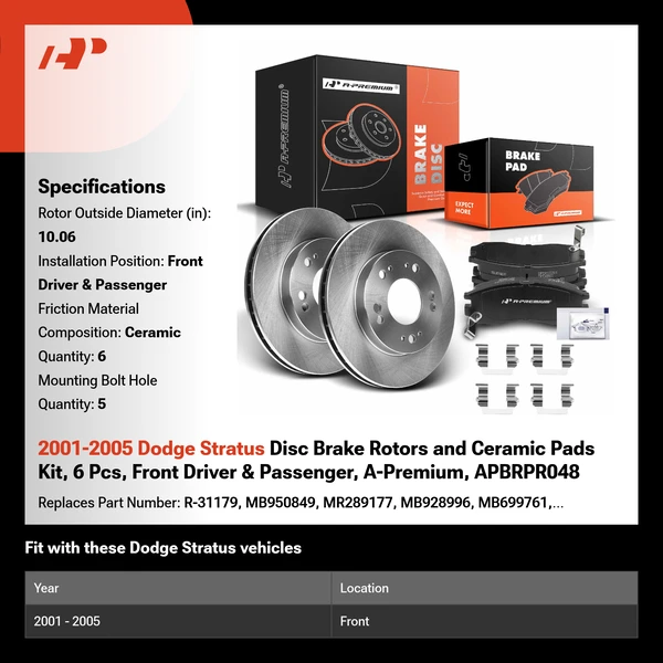 2001-2005 Dodge Stratus Disc Brake Rotors and Ceramic Pads Kit, 6 Pcs, Front Driver & Passenger, A-Premium, APBRPR048