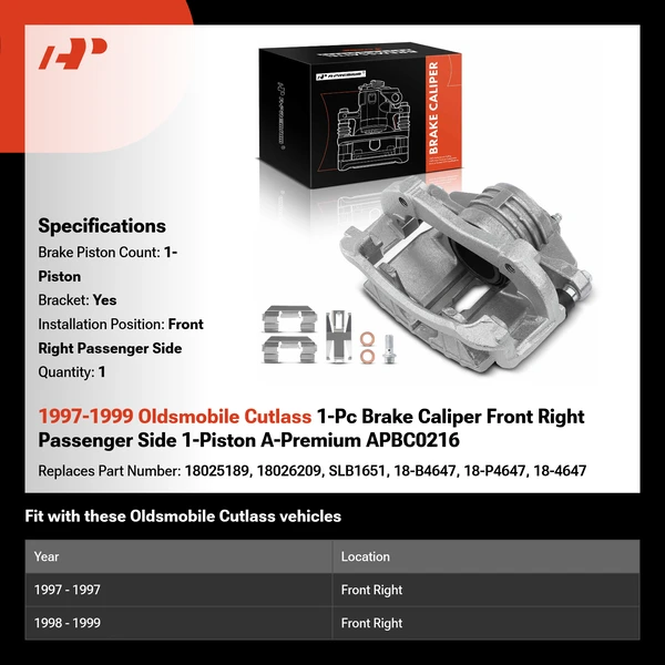 1997-1999 Oldsmobile Cutlass 1-Pc Brake Caliper Front Right Passenger Side 1-Piston A-Premium APBC0216