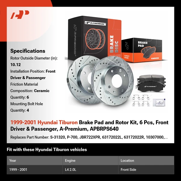 1999-2001 Hyundai Tiburon Brake Pad and Rotor Kit, 6 Pcs, Front Driver & Passenger, A-Premium, APBRPS640