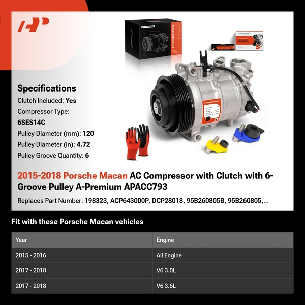 2015-2018 Porsche Macan AC Compressor with Clutch with 6-Groove Pulley A-Premium APACC793