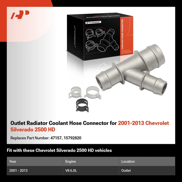 Outlet Radiator Coolant Hose Connector for 2001-2013 Chevrolet Silverado 2500 HD