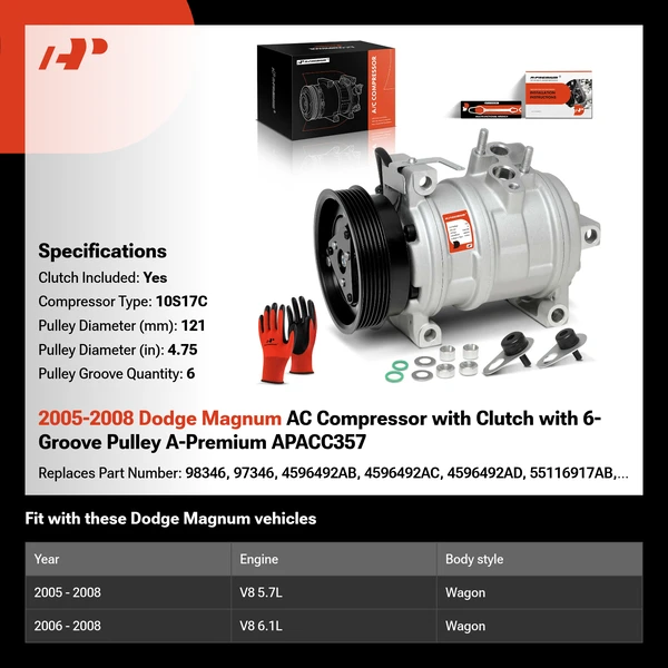 2005-2008 Dodge Magnum AC Compressor with Clutch with 6-Groove Pulley A-Premium APACC357