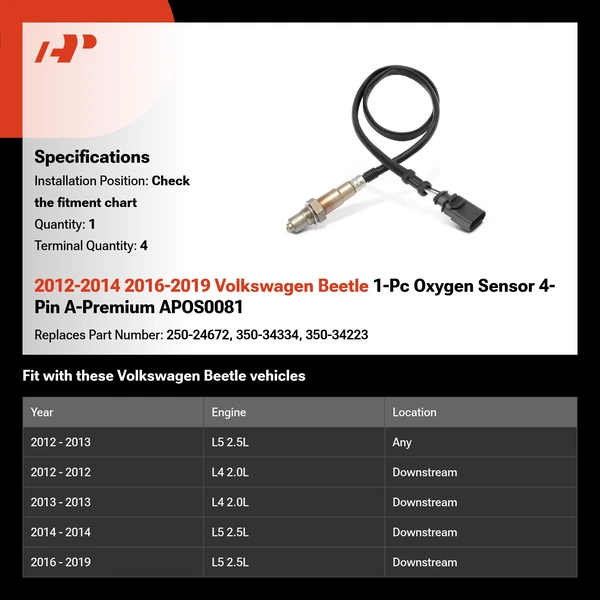 2012-2014 2016-2019 Volkswagen Beetle 1-Pc Oxygen Sensor 4-Pin A-Premium APOS0081