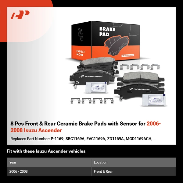 8 Pcs Front & Rear Ceramic Brake Pads with Sensor for 2006-2008 Isuzu Ascender