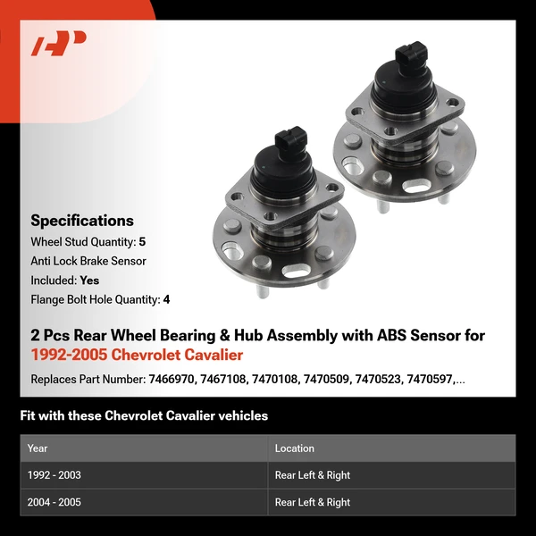 2 Pcs Rear Wheel Bearing & Hub Assembly with ABS Sensor for 1992-2005 Chevrolet Cavalier