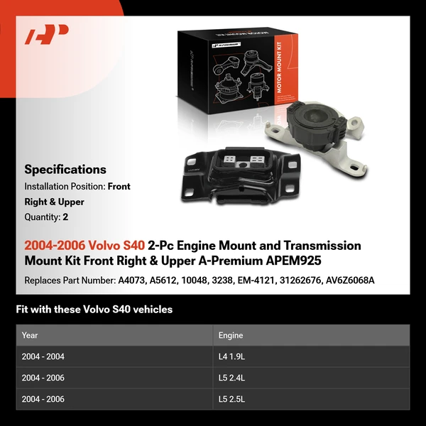 2004-2006 Volvo S40 2-Pc Engine Mount and Transmission Mount Kit Front Right & Upper A-Premium APEM925