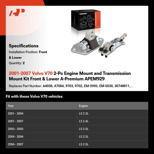 2001-2007 Volvo V70 2-Pc Engine Mount and Transmission Mount Kit Front & Lower A-Premium APEM929