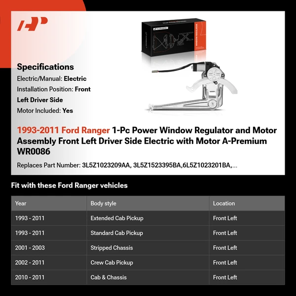 1993-2011 Ford Ranger 1-Pc Power Window Regulator and Motor Assembly Front Left Driver Side Electric with Motor A-Premium WR0086