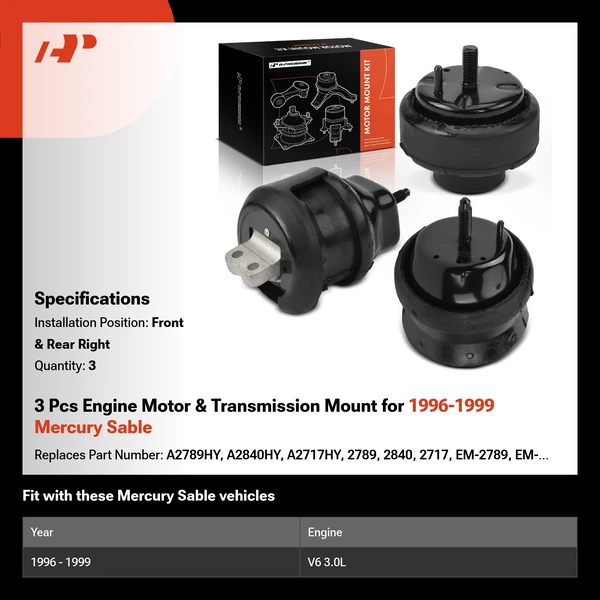 3 Pcs Engine Motor & Transmission Mount for 1996-1999 Mercury Sable