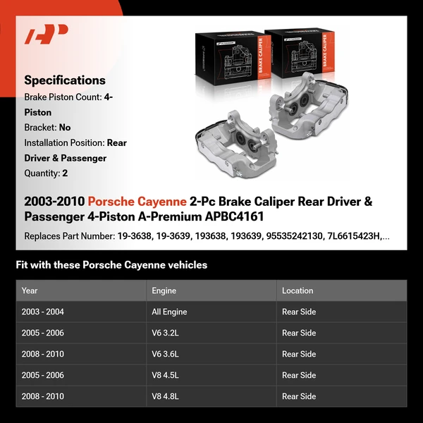 2003-2010 Porsche Cayenne 2-Pc Brake Caliper Rear Driver & Passenger 4-Piston A-Premium APBC4161