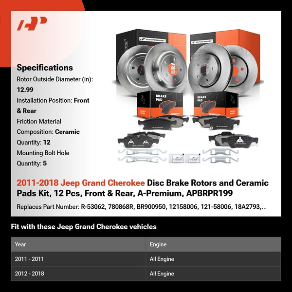 2011-2018 Jeep Grand Cherokee Disc Brake Rotors and Ceramic Pads Kit, 12 Pcs, Front & Rear, A-Premium, APBRPR199