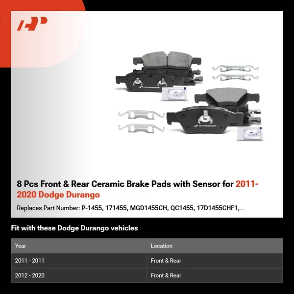 8 Pcs Front & Rear Ceramic Brake Pads with Sensor for 2011-2020 Dodge Durango
